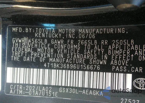 2006 Toyota Avalon Limited/Touring/Xl/Xls from USA, damaged, VIN 4T1BK36B96U156676